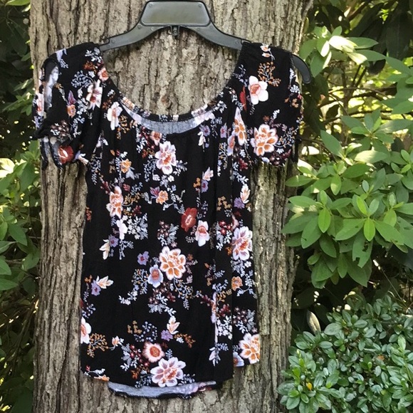 Pink Rose Black Floral Blouse Elastic Neckline Keyhole Tie Sleeves Rounded Hem M - Picture 6 of 13